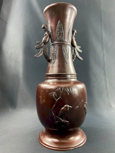 Grand vase en bronze XIXe à décor d'oiseau Japon Meiji