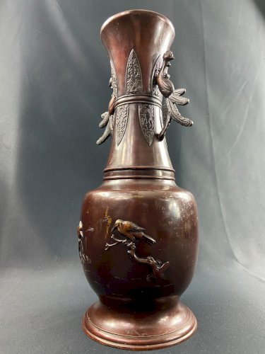 Grand vase en bronze XIXe à décor d'oiseau Japon Meiji