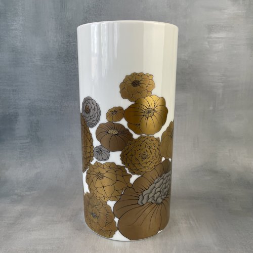 Grand vase rouleau porcelaine Rosenthal décor floral doré signé Alain Le Foll