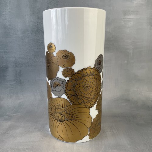 Grand vase rouleau porcelaine Rosenthal décor floral doré signé Alain Le Foll