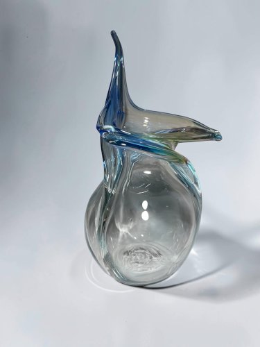 Grand vase vintage en verre soufflé – Style Murano – Verre d’art bleu turquoise – Vase sculptural fait main