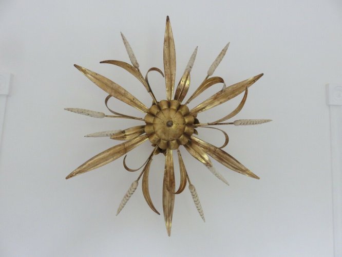 GRANDE APPLIQUE  FLORART  EN METAL DORE A 3 FEUX ANNEES 70 - JANSEN.