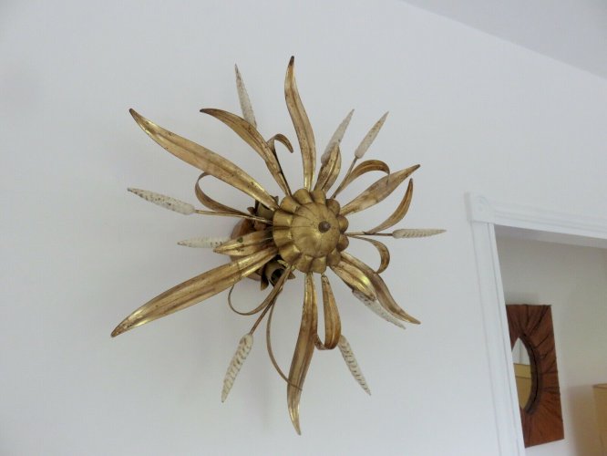 GRANDE APPLIQUE  FLORART  EN METAL DORE A 3 FEUX ANNEES 70 - JANSEN.