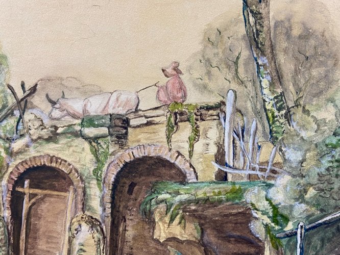 Grande aquarelle de style XVIIIe scène champêtre animée au pont signée P. Talbot