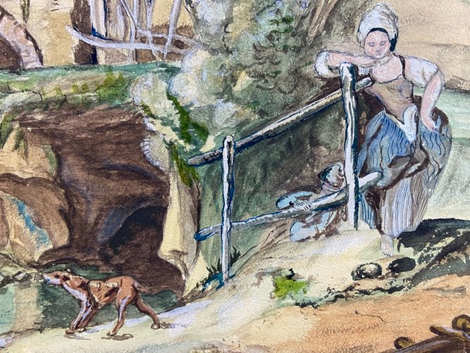 Grande aquarelle de style XVIIIe scène champêtre animée au pont signée P. Talbot