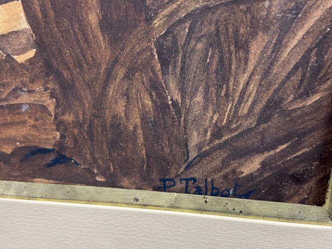 Grande aquarelle de style XVIIIe scène champêtre animée au pont signée P. Talbot