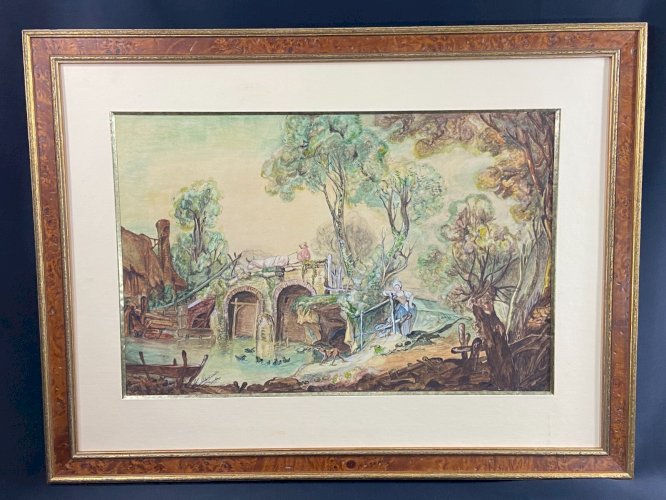 Grande aquarelle de style XVIIIe scène champêtre animée au pont signée P. Talbot