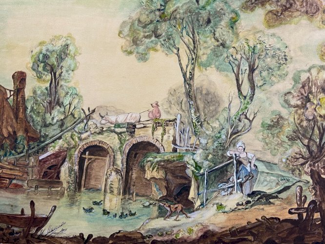 Grande aquarelle de style XVIIIe scène champêtre animée au pont signée P. Talbot