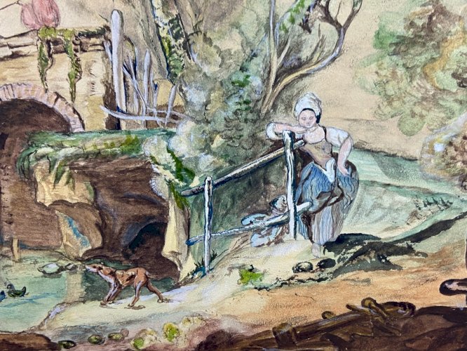 Grande aquarelle de style XVIIIe scène champêtre animée au pont signée P. Talbot