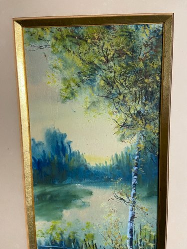 Grande aquarelle début XXe paysage signé bord de rivière arboré paire possible