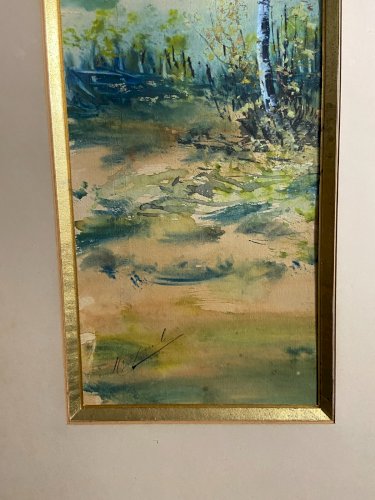Grande aquarelle début XXe paysage signé bord de rivière arboré paire possible