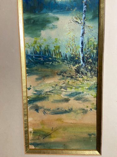 Grande aquarelle début XXe paysage signé bord de rivière arboré paire possible