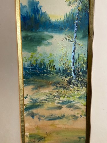 Grande aquarelle début XXe paysage signé bord de rivière arboré paire possible