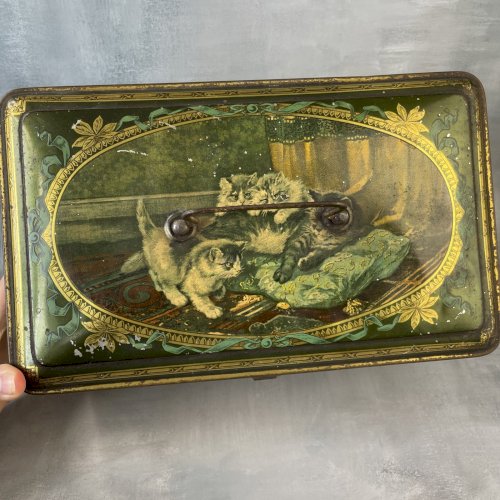 Grande boite coffre en tôle litho lithographiée à décor de chats chattons