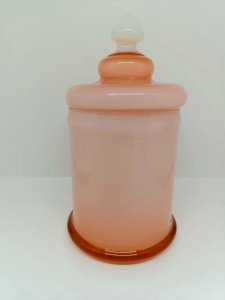 large pink opaline candy jar with white handle in good condition