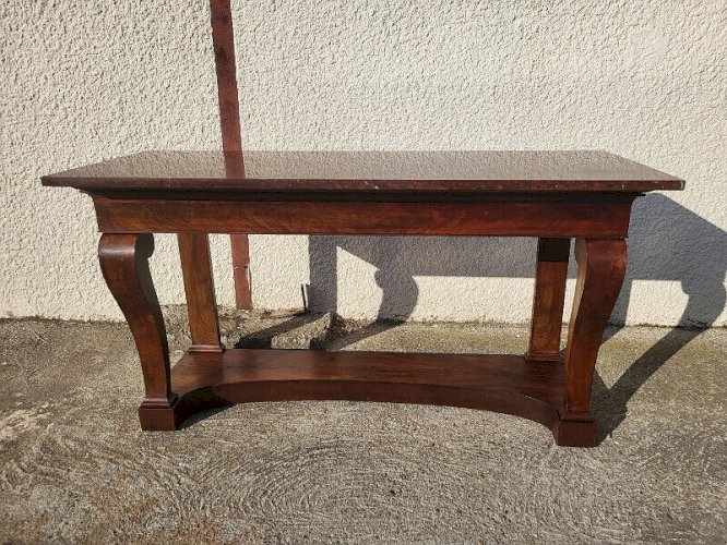 GRANDE CONSOLE A CROSSE EN ACAJOU PLATEAU MARBRE ROUGE ET BLANC DU XIX è SIECLE