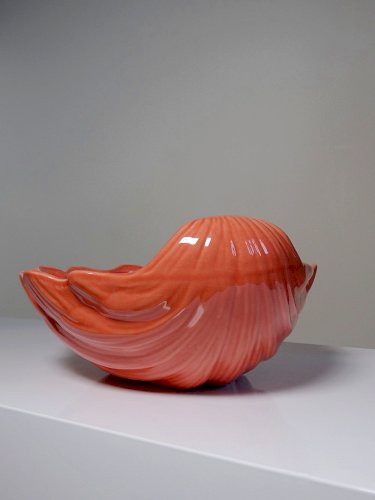 Grande coupe coquillage, bénitier, style rococo, faïence saumon vintage