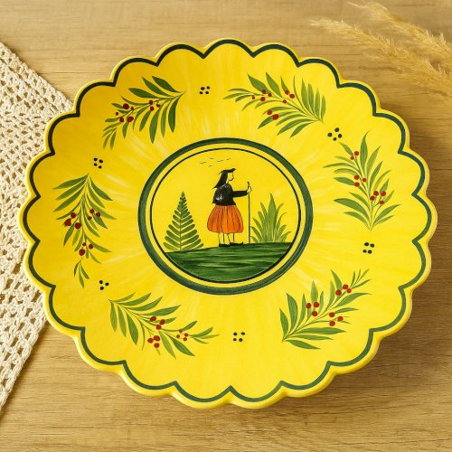Grande coupe en faïence de Quimper – décor breton jaune – Henriot – plat rond an