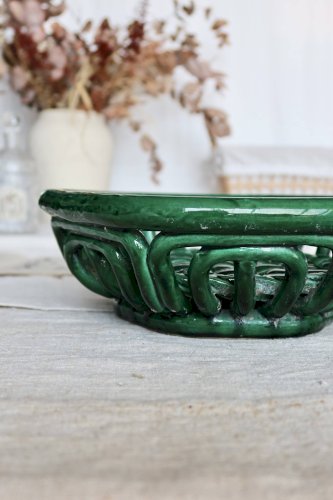 Grande coupelle vintage en céramique tressée vert foncée