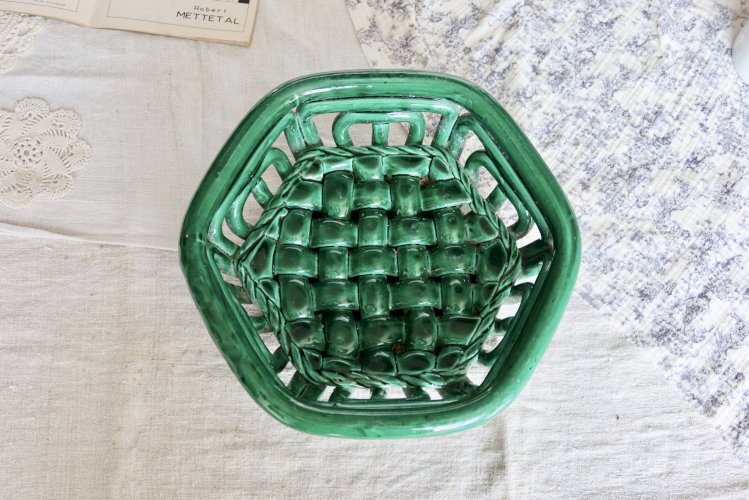 Grande coupelle vintage en céramique tressée vert foncée