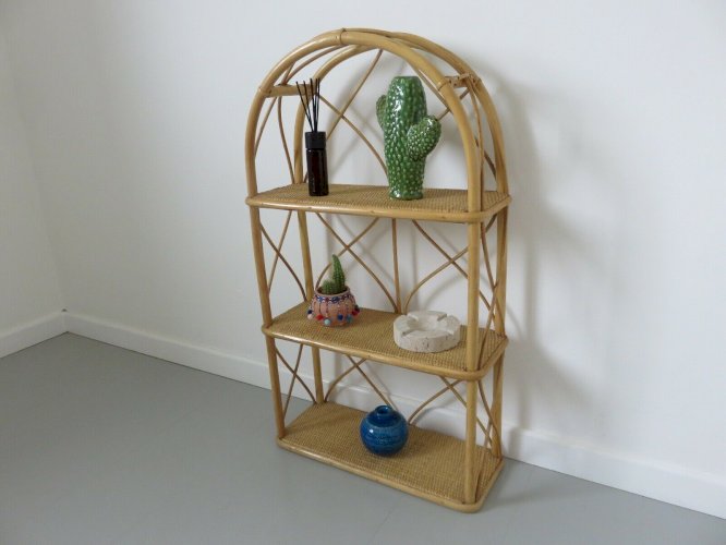 GRANDE ETAGERE A POSER EN ROTIN BAMBOU ANNEES 60 70 VINTAGE