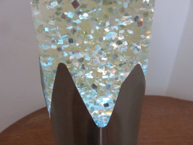 GRANDE LAMPE A PAILLETTES METAL BROSSE LUMIERE COULEUR BLEUE ANNEES 70 VINTAGE
