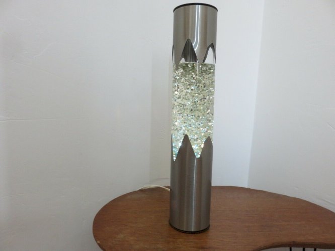GRANDE LAMPE A PAILLETTES METAL BROSSE LUMIERE COULEUR BLEUE ANNEES 70 VINTAGE