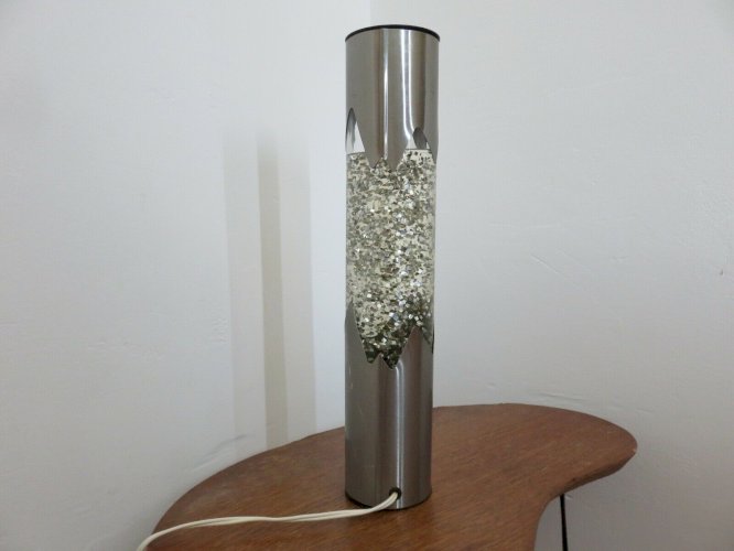 GRANDE LAMPE A PAILLETTES METAL BROSSE LUMIERE COULEUR BLEUE ANNEES 70 VINTAGE