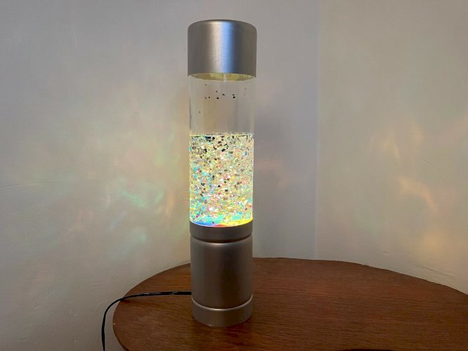 GRANDE LAMPE A PAILLETTES MULTICOLORES EN ALUMINIUM ET VERRE ANNEES 70 VINTAGE 