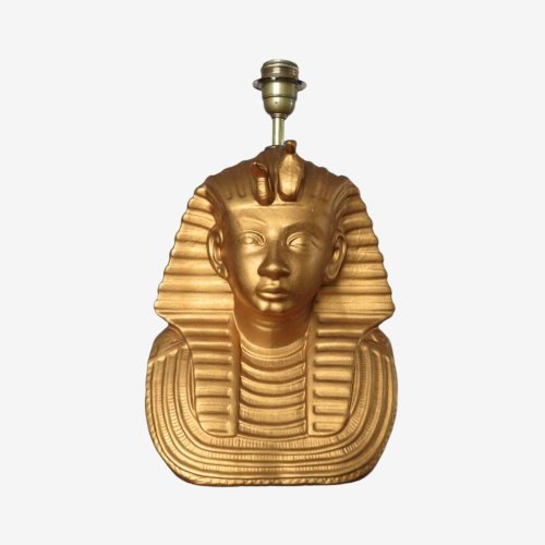 GRANDE LAMPE DE TABLE  PHARAON  EN RESINE DOREE ANNEES 70