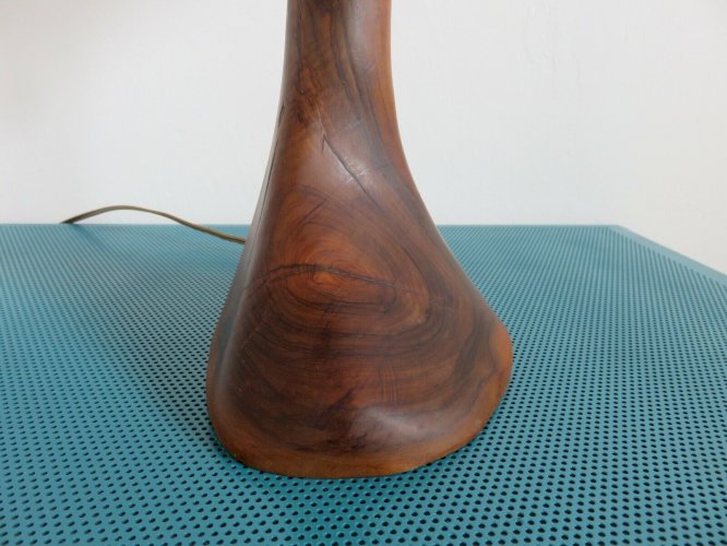 GRANDE LAMPE EN BOIS DOLIVIER ET ABAT JOUR EN BAMBOU ANNEES 60 70 VINTAGE