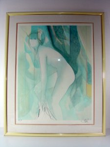 Grande Litho Couleurs XX° INGENUE Signée Valadié Cadre sous Verre & Marie-louise