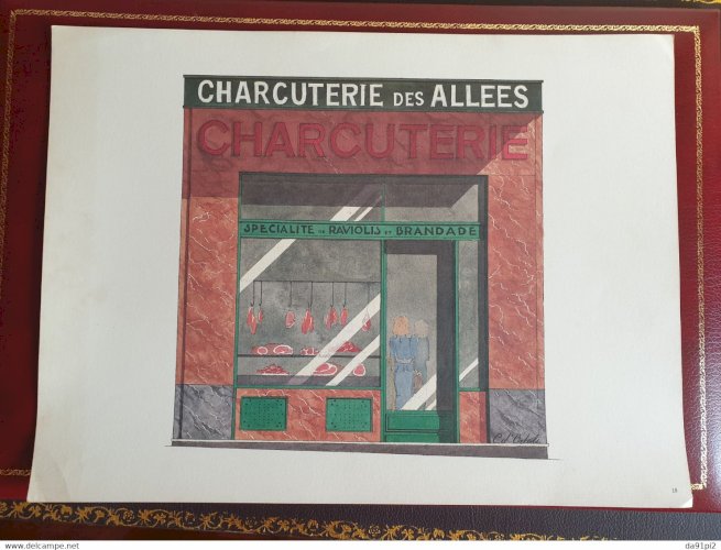 Grande lithographie Charcuterie Catherine d'Ortoli signée dans la planche à encadrer