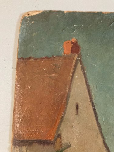 Grande Peinture 1920 Huile Carton Paysage École Française Village Ancien