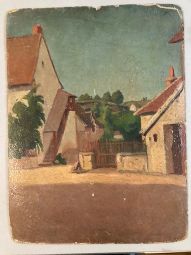 Grande Peinture 1920 Huile Carton Paysage École Française Village Ancien