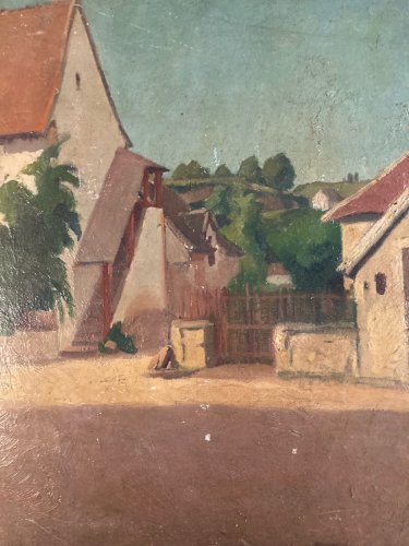 Grande Peinture 1920 Huile Carton Paysage École Française Village Ancien
