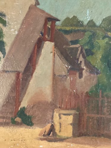Grande Peinture 1920 Huile Carton Paysage École Française Village Ancien