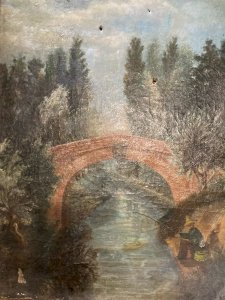 Large Oil Painting Canvas 19th Century 1850 To Identify Painting Bridge River Fishing