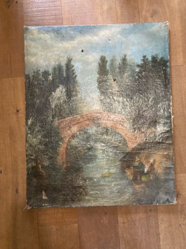 Grande Peinture Huile Toile XIXe 1850 A Identifier Painting Pont Riviere Pêche