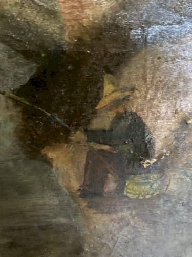 Grande Peinture Huile Toile XIXe 1850 A Identifier Painting Pont Riviere Pêche