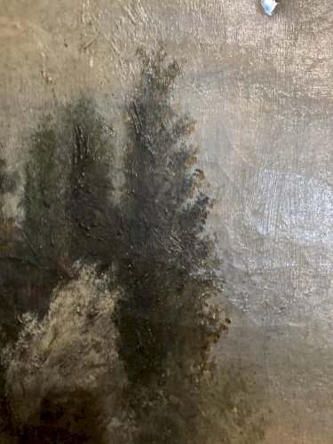 Grande Peinture Huile Toile XIXe 1850 A Identifier Painting Pont Riviere Pêche