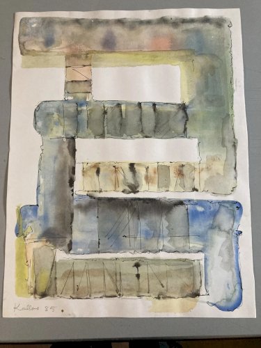 Grande Peinture Sur Papier Pierre Kallos Abstrait Abstraction Art 1985 Aquarelle