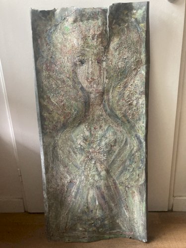 Grande Peinture Sur Zinc Metal Plaque Hsp Circa 1950 Portrait Femme Art Ancien