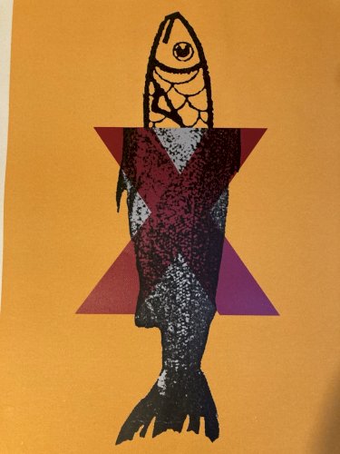 Grande Sérigraphie 1990 Poisson Pêche Jaune A Identifier Papier Estampe