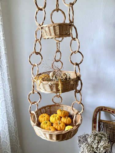 Grande suspension en osier à trois paniers, chaîne d’anneaux torsadés