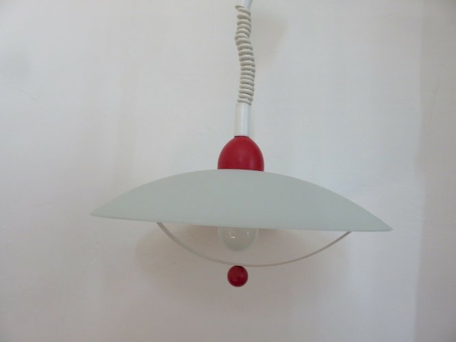 GRANDE SUSPENSION EN VERRE DEPOLI, BOIS LAQUE ROUGE ET METAL BLANC 1980 MEMPHIS