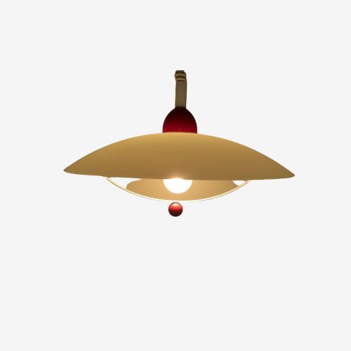 GRANDE SUSPENSION EN VERRE DEPOLI, BOIS LAQUE ROUGE ET METAL BLANC 1980 MEMPHIS