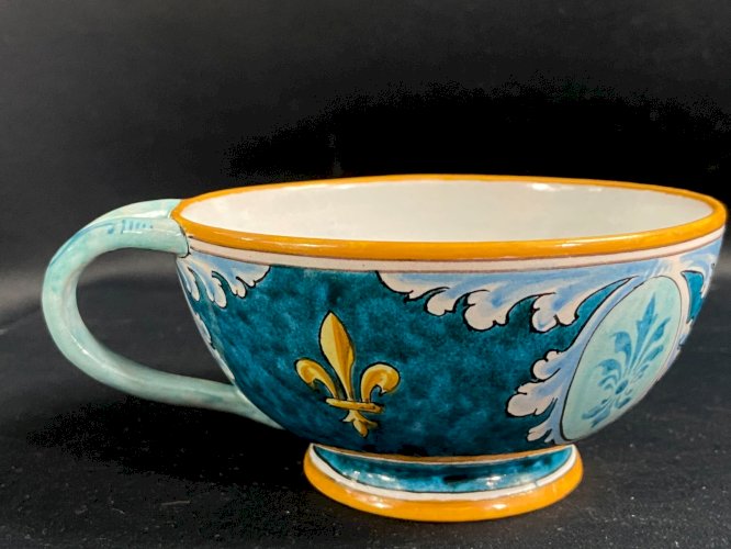 Grande tasse déjeuner à anse fleur de lys faïence Blois Bruneau Balon Ulysse