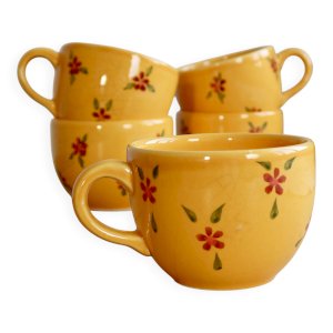 Grande tasse vintage céramique jaune à fleurs peintes à la main