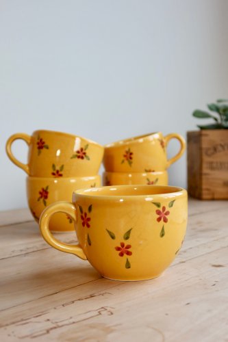 Grande tasse vintage céramique jaune à fleurs peintes à la main